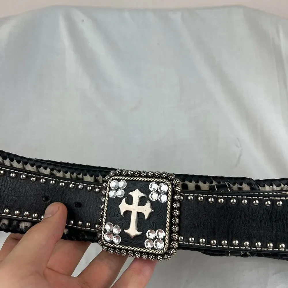 Nocona Wide Zebra Print Western Belt Black With Silver Studs